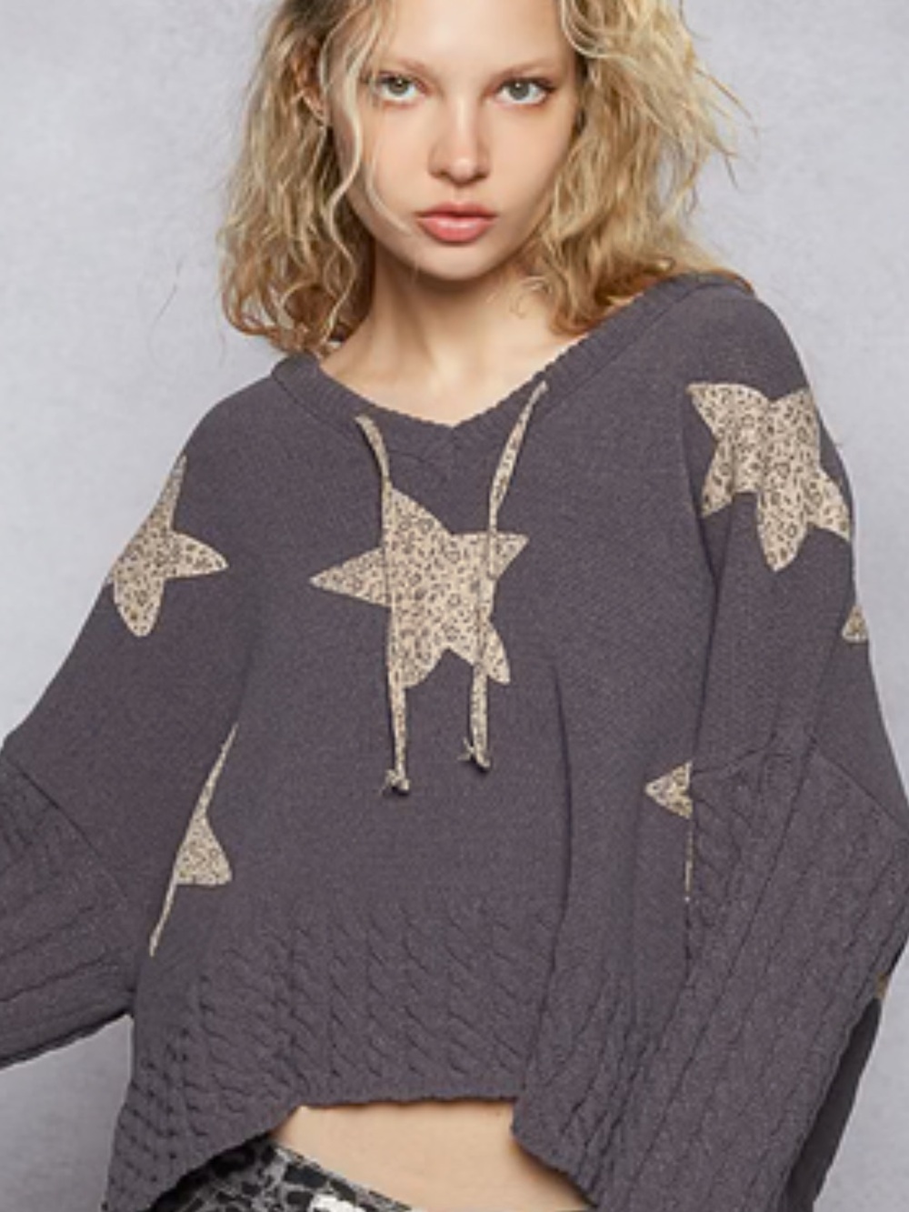 POL STAR DISTRESSED HOODIE!!Gray Star Knit Hoodie Sweater! L